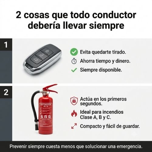 Dos elementos que todo conductor debería llevar en su coche: una llave de repuesto y un extintor